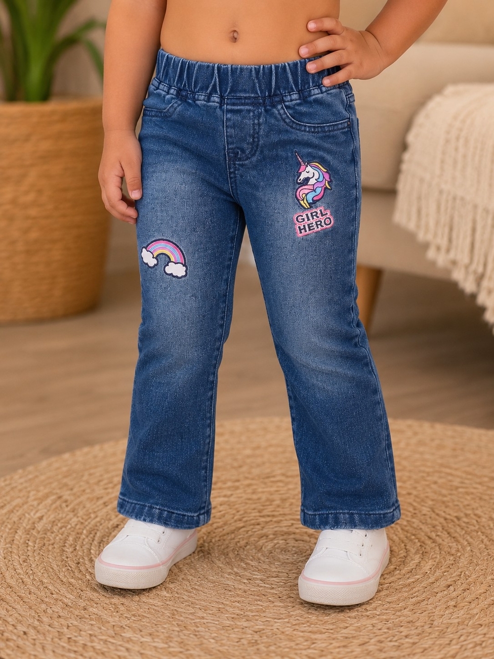 Flapdoodles Pull On Blue Denim Jeans with Unicorn & Rainbow Patches Size 3t